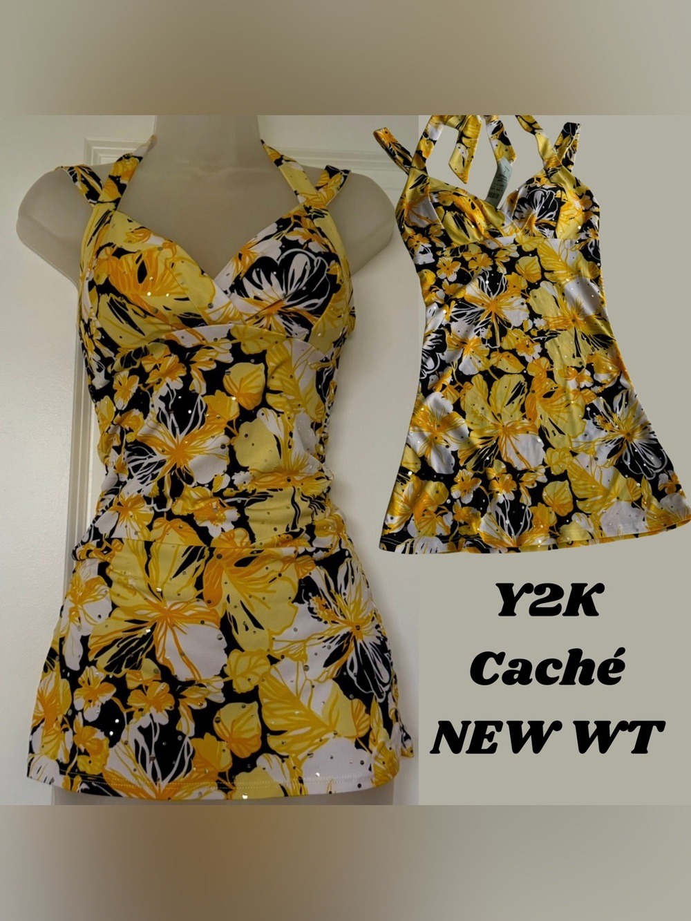 Caché Y2K Hibiscus Floral Mini Dress NEW Sequin Accents | Coconut girl small